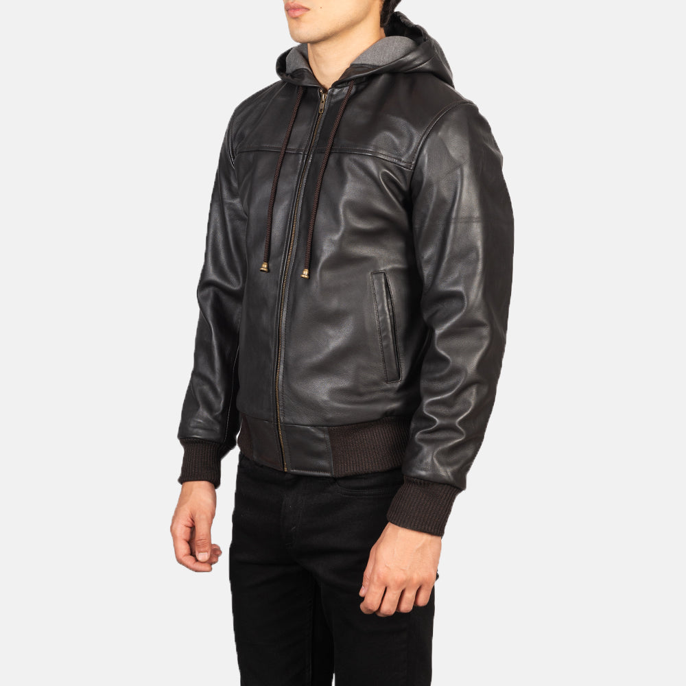Nintenzo Brown Hooded Leather Bomber Jackets - Image 5