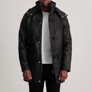 Nolan Distressed Black Leather Duffle Coat