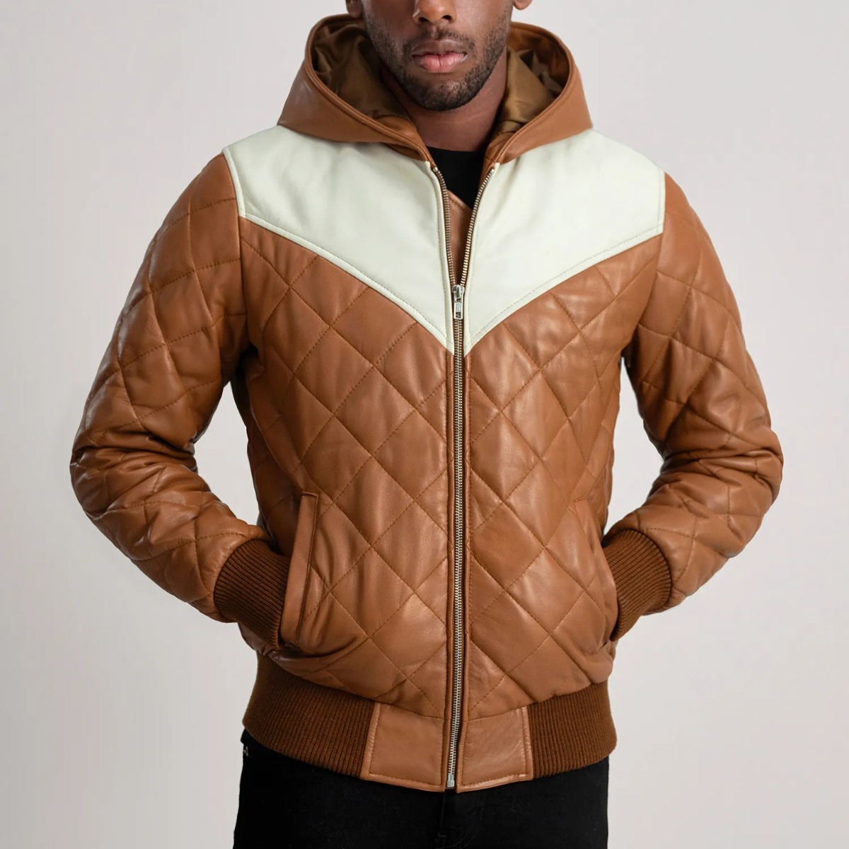 Norman Brown Hooded Bomber Leather Puffer Jacket - Image 4