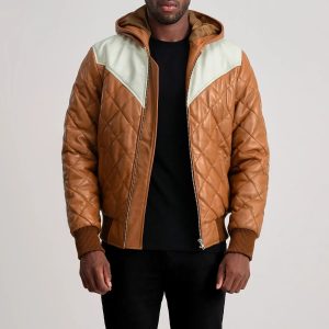 Norman Brown Hooded Bomber Leather Puffer Jacket
