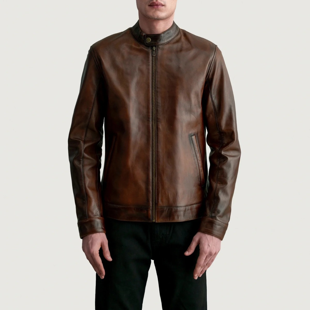 Zen Distressed Brown Leather Biker Jacket - Image 4