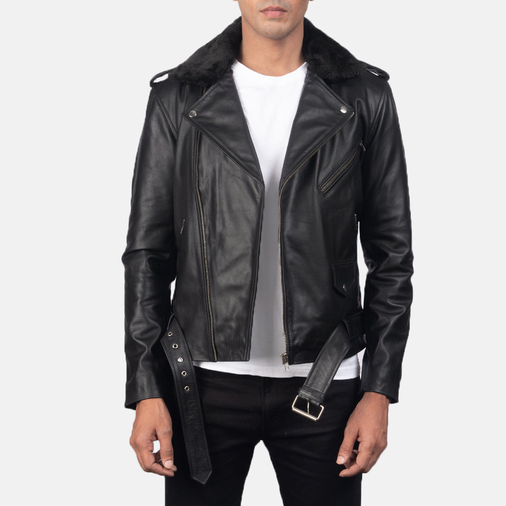Furton Black Leather Biker Jackets