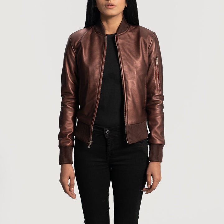 Reida Maroon Leather Bomber Jacket - Image 4