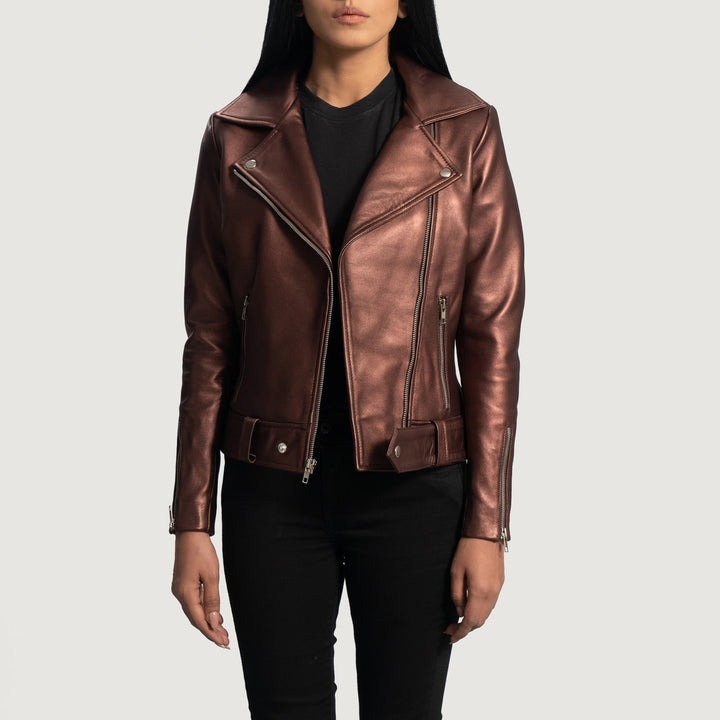 Rumy Maroon Leather Biker Jackets - Image 2