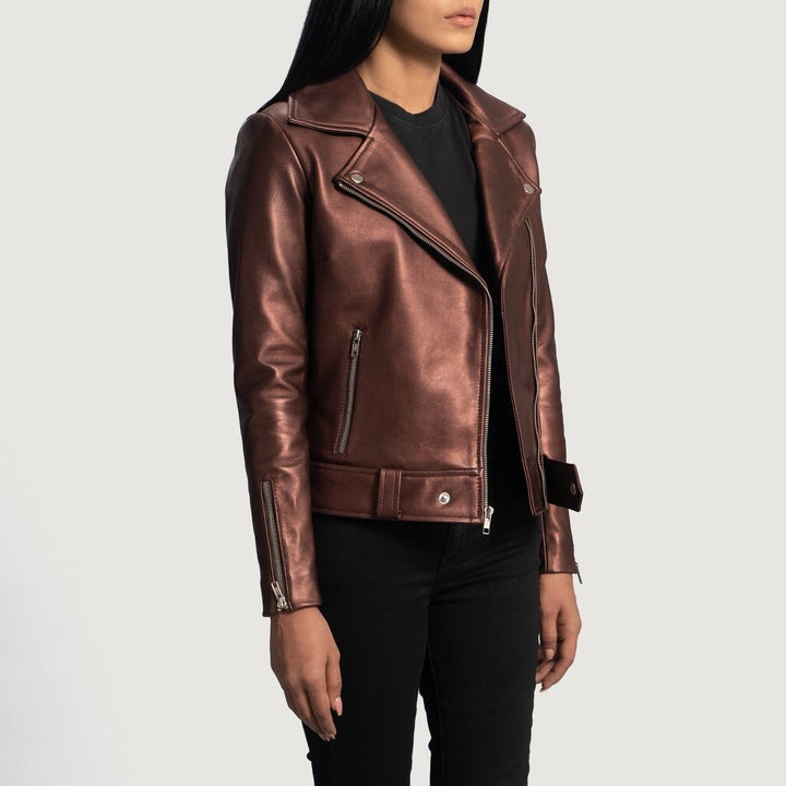 Rumy Maroon Leather Biker Jackets - Image 4