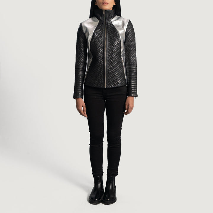 Alia Metallic Black Leather Biker Jackets - Image 2
