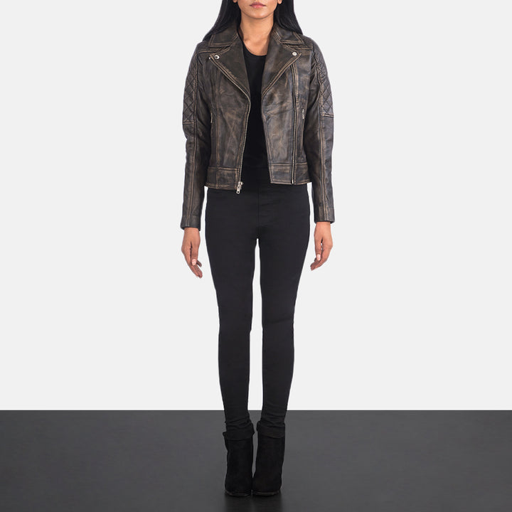 Carolyn Quilted Distressed Brown Biker Jackets - Image 7