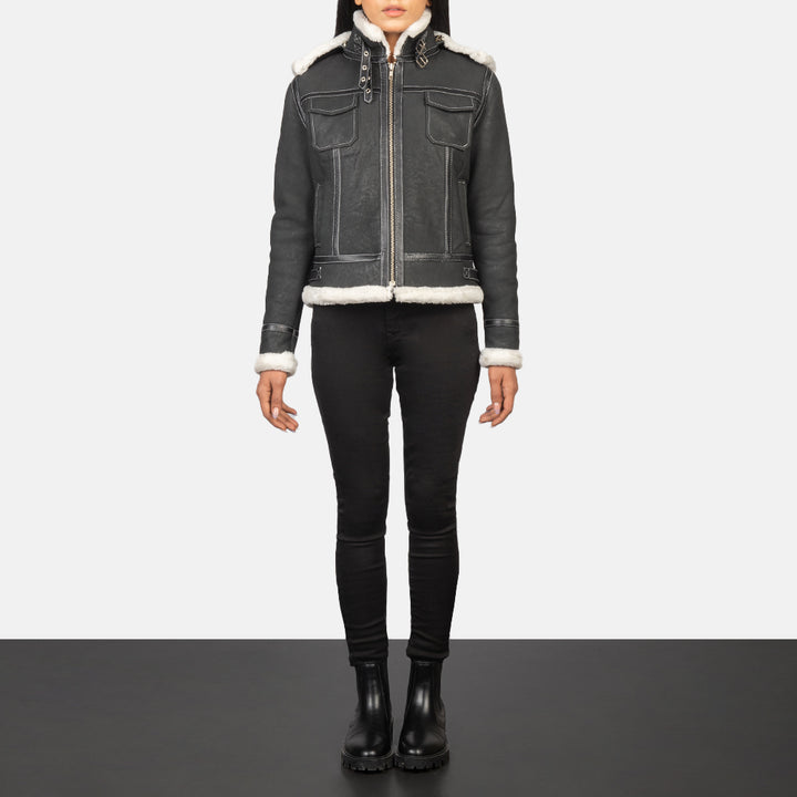 Fiona Black Hooded Shearling Leather Jacket - Image 4