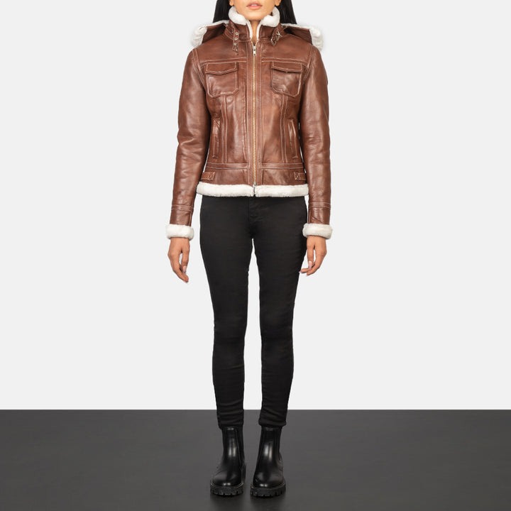 Fiona Brown Hooded Shearling Leather Jackets - Image 3