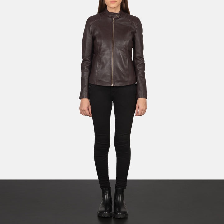 Kelsee Maroon Leather Biker Jackets - Image 2