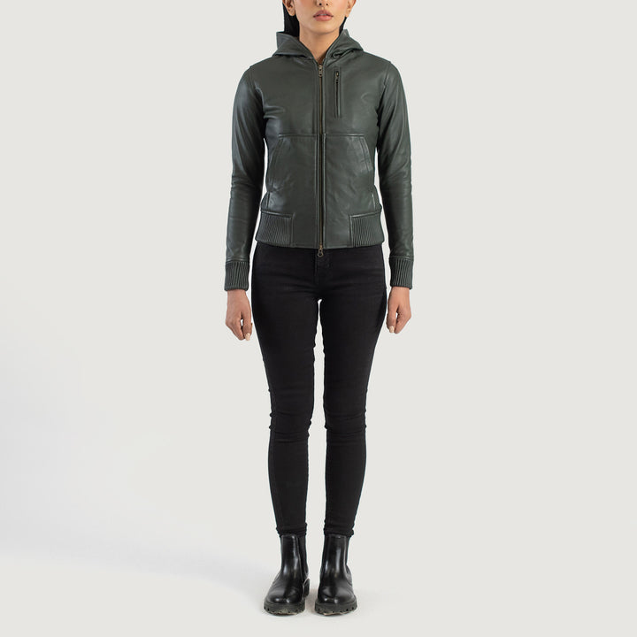 Luna Green Hooded Leather Bomber Jackets - Image 2