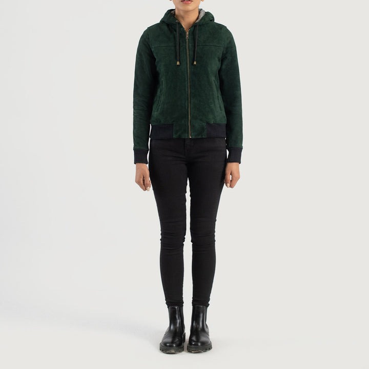 Rebella Green Hooded Leather Bomber Jackets - Image 2