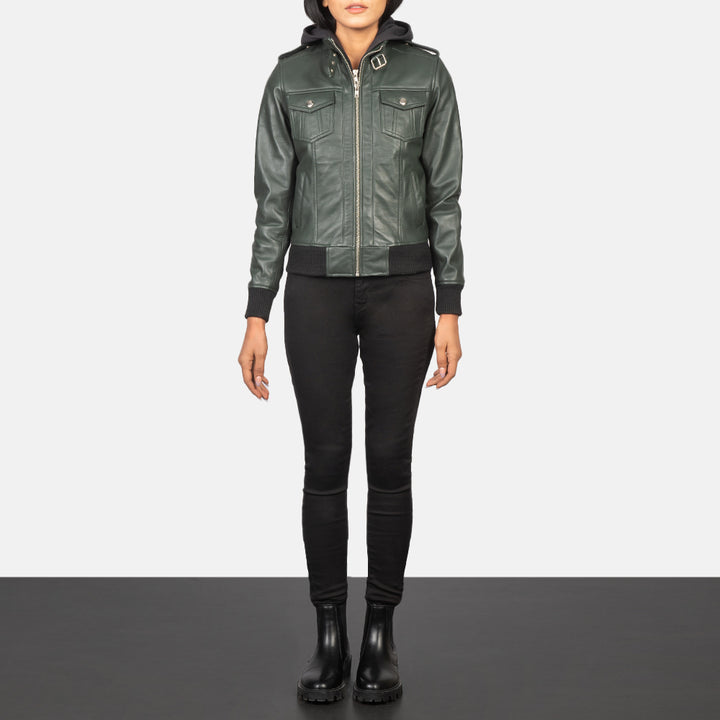 Roslyn Green Hooded Leather Bomber Jackets - Image 2