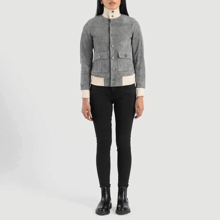 Sasha A1 Grey Suede Bomber Jackets - Image 3
