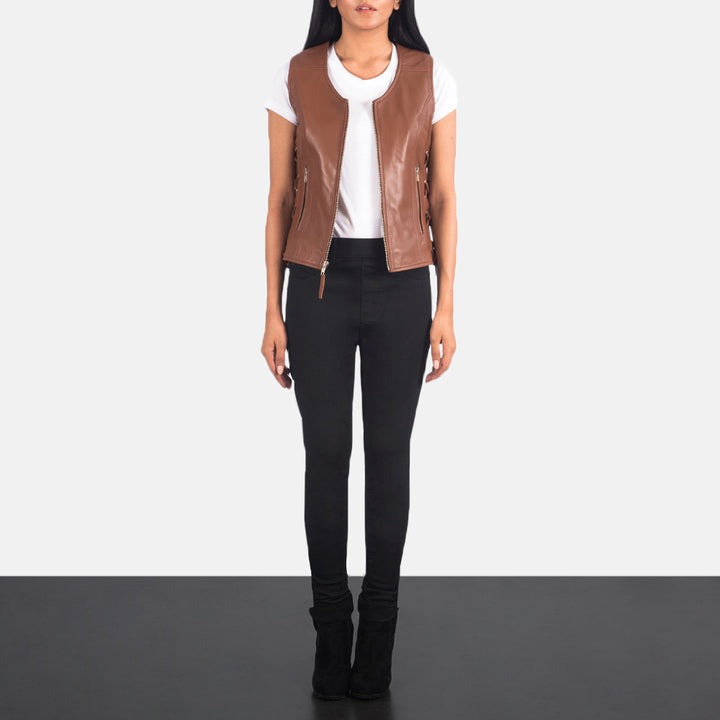 Vanda Brown Leather Biker Vests - Image 6