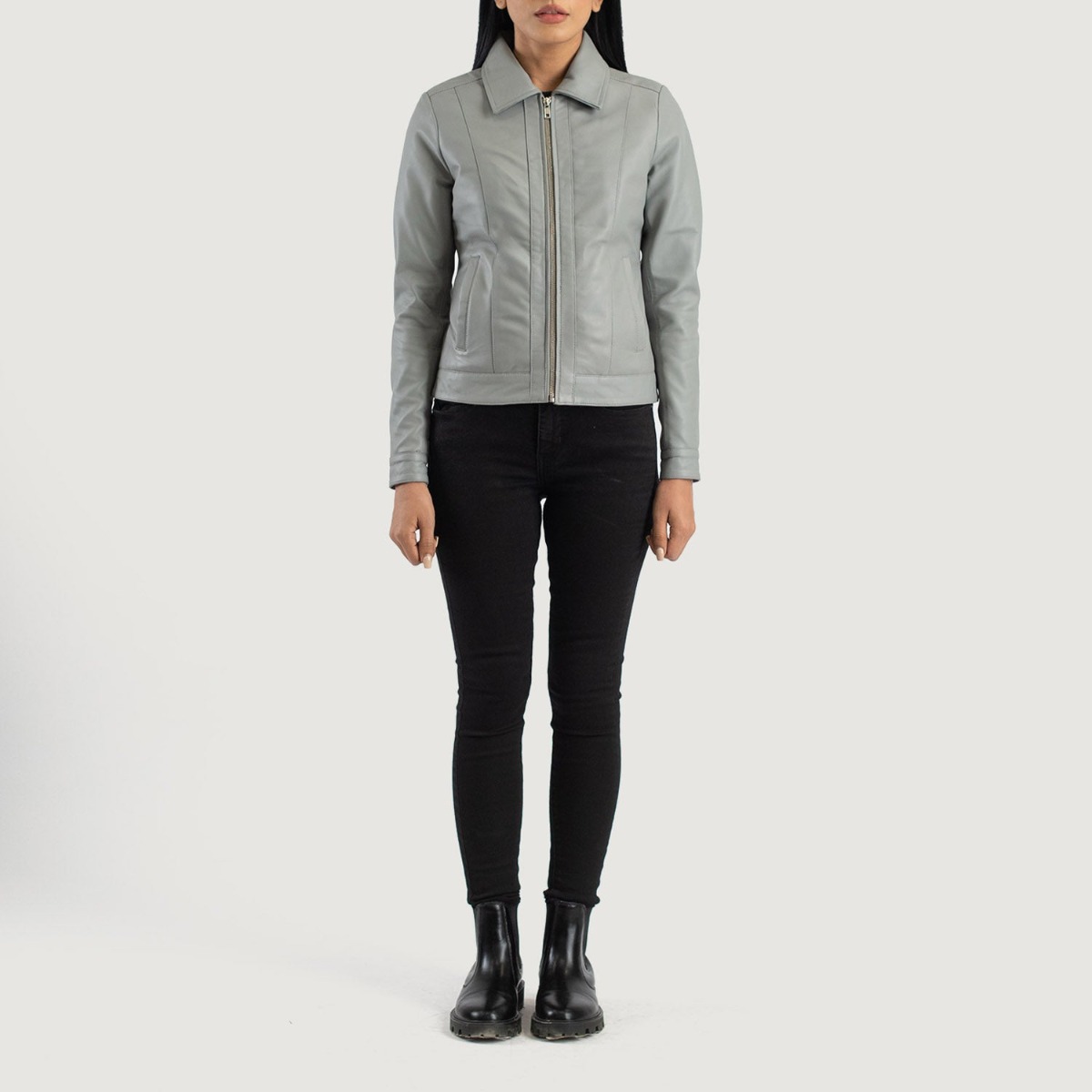 Vixen Grey Classic Collar Leather Jacket - Image 5
