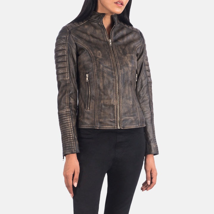Adalyn Quilted Distressed Brown Leather Biker Jackets - Image 5