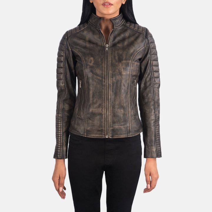 Adalyn Quilted Distressed Brown Leather Biker Jackets - Image 4