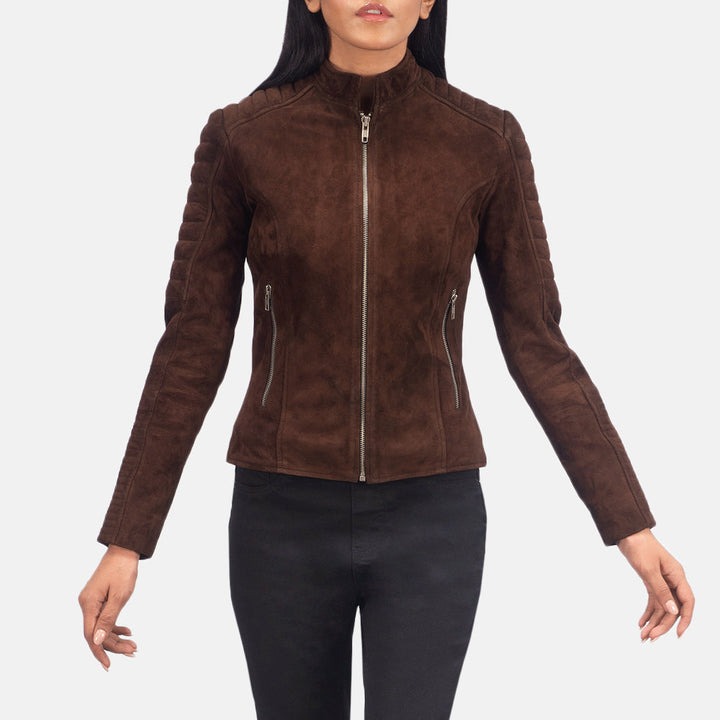 Adalyn Quilted Mocha Suede Biker Jacket - Image 4