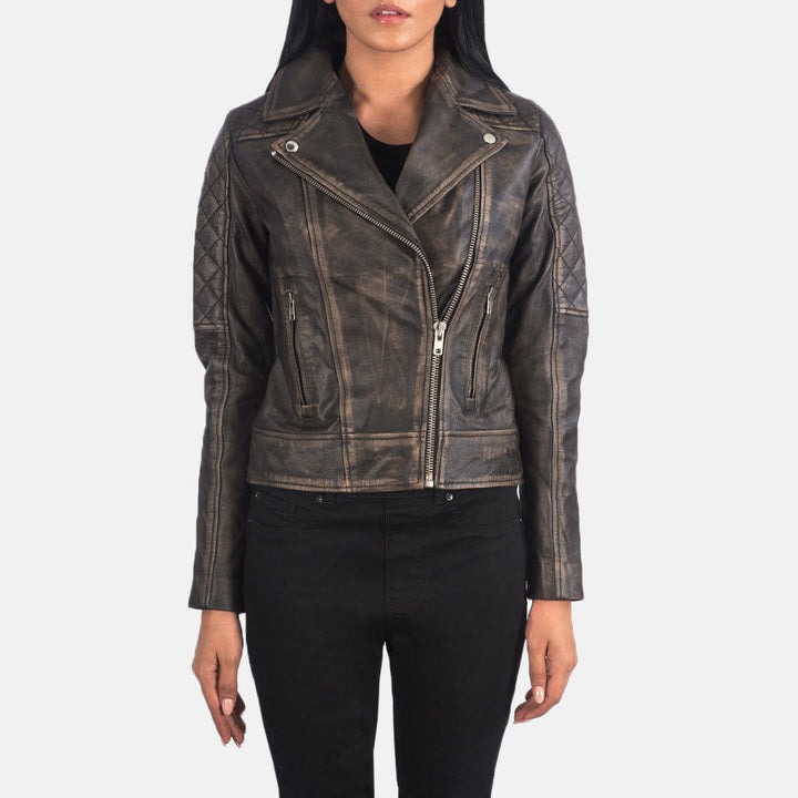 Carolyn Quilted Distressed Brown Biker Jackets - Image 3