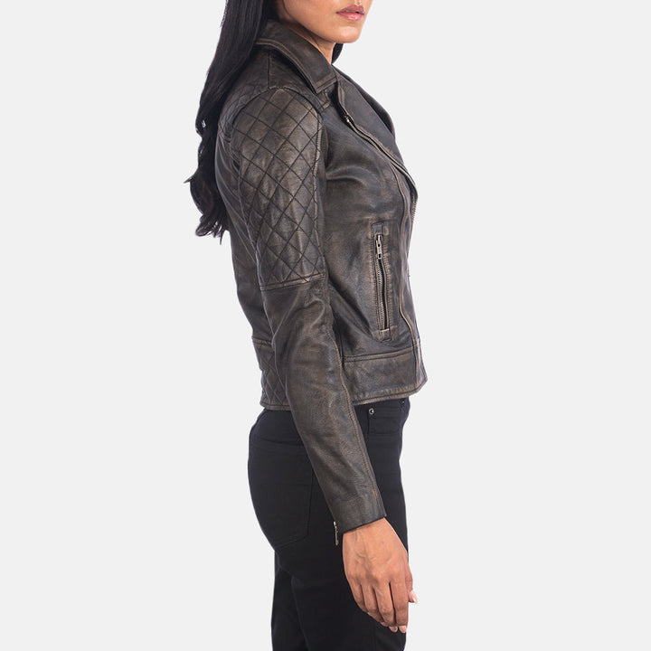 Carolyn Quilted Distressed Brown Biker Jackets - Image 5