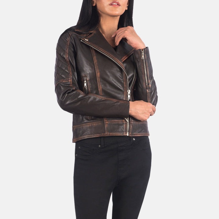 Carolyn Quilted Vintage Brown Biker Jackets - Image 2