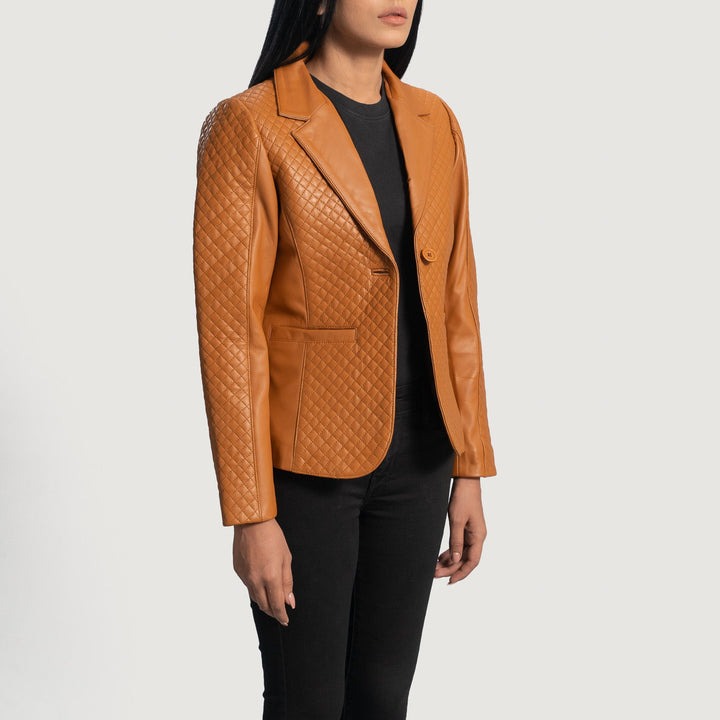 Cora Quilted Brown Leather Blazer - Image 2