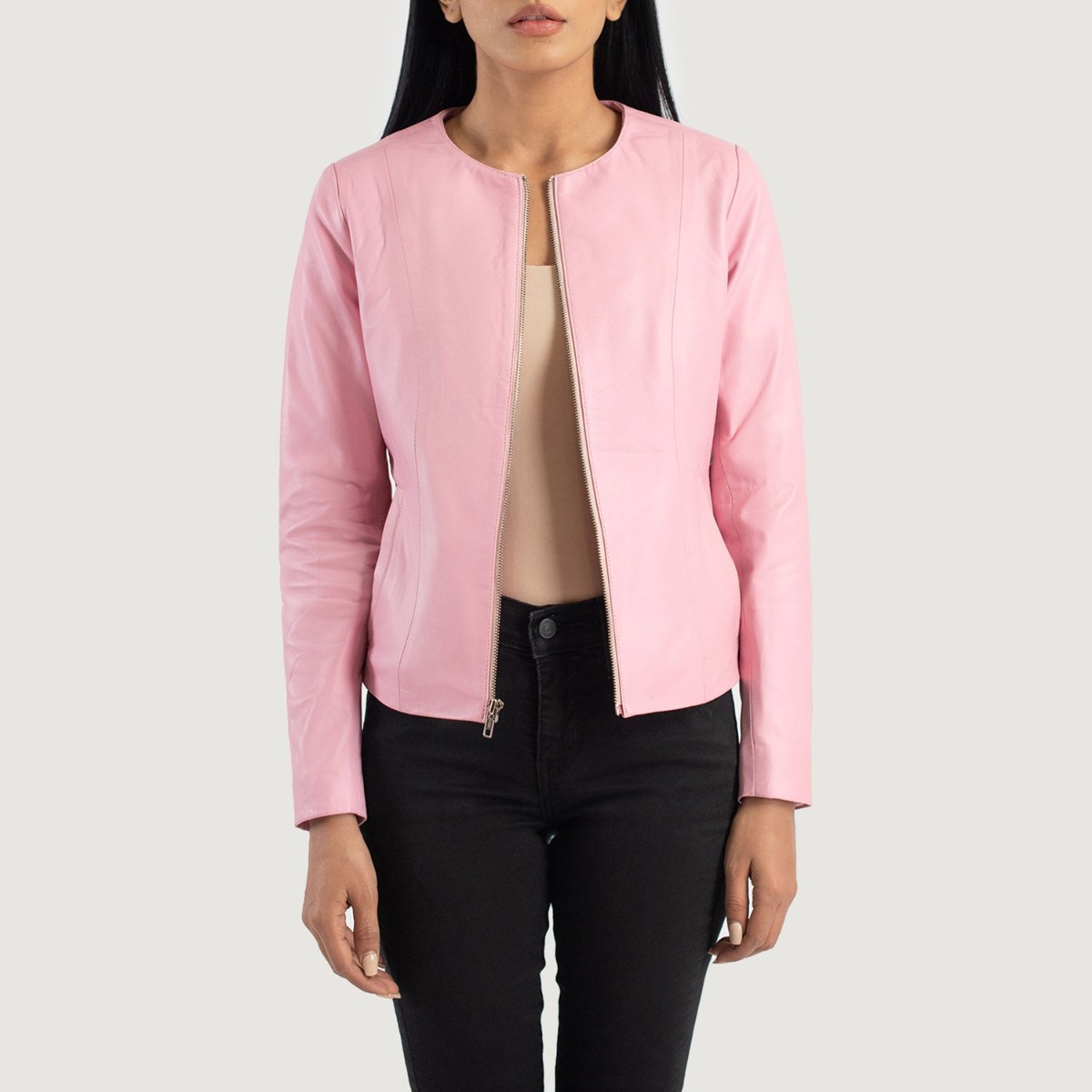 Elixir Pink Collarless Leather Jackets - Image 3
