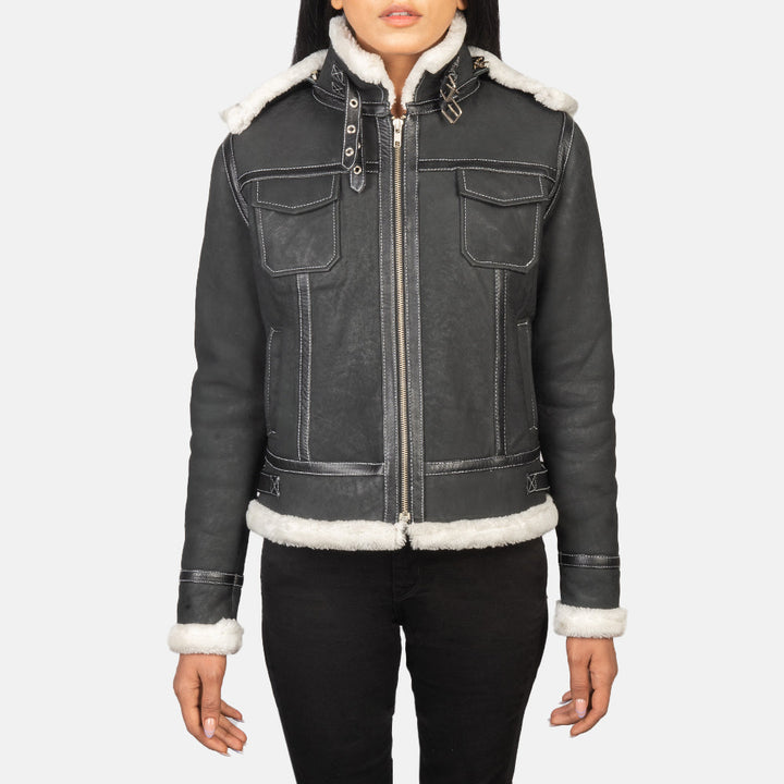Fiona Black Hooded Shearling Leather Jacket - Image 2