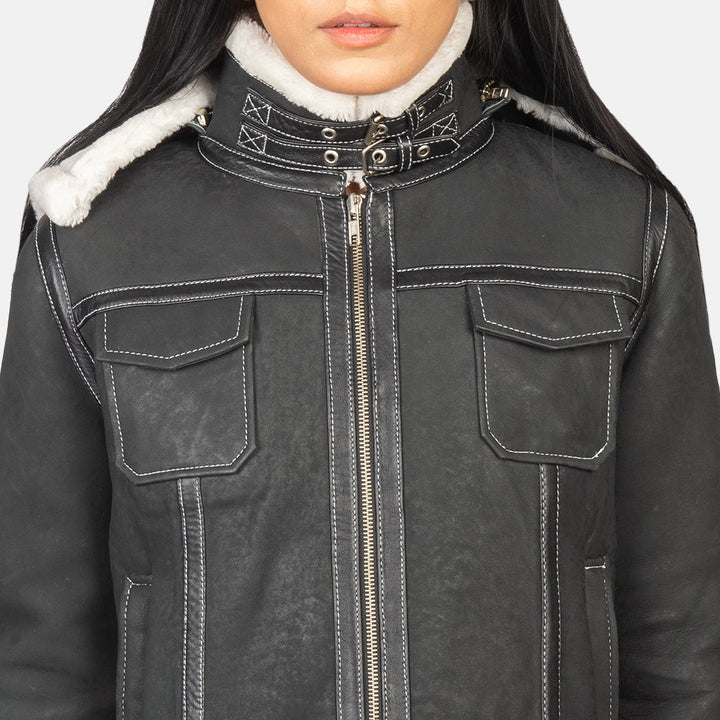 Fiona Black Hooded Shearling Leather Jacket - Image 6