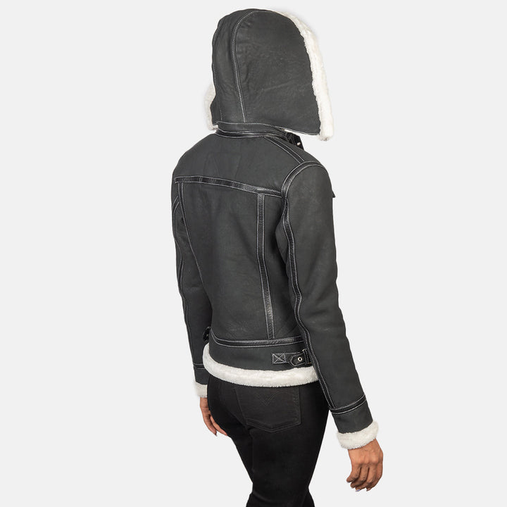 Fiona Black Hooded Shearling Leather Jacket - Image 3