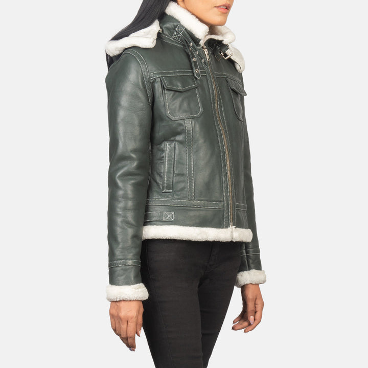 Fiona Green Hooded Shearling Leather Jackets - Image 4