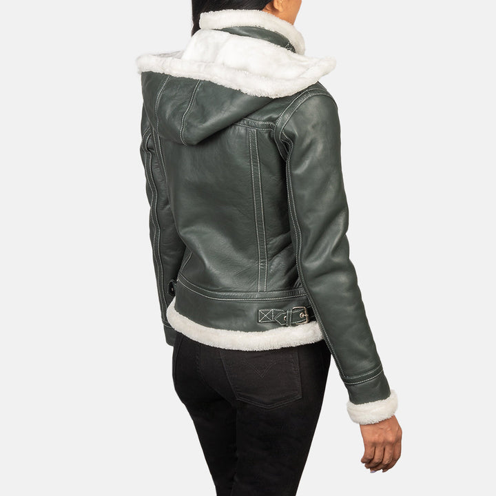 Fiona Green Hooded Shearling Leather Jackets - Image 6