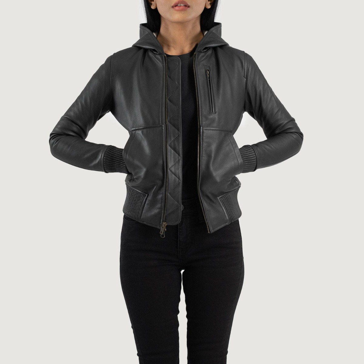 Luna Black Hooded Leather Bomber Jackets