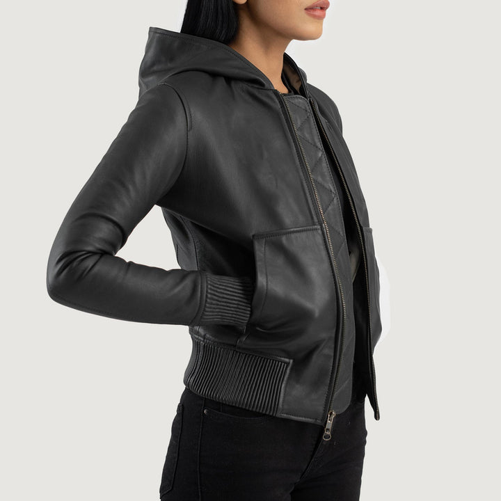 Luna Black Hooded Leather Bomber Jackets - Image 4