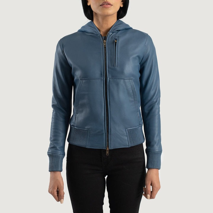 Luna Blue Hooded Leather Bomber Jackets - Image 2