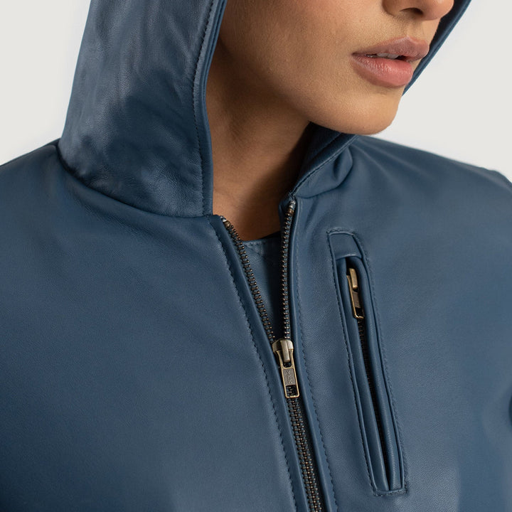 Luna Blue Hooded Leather Bomber Jackets - Image 6