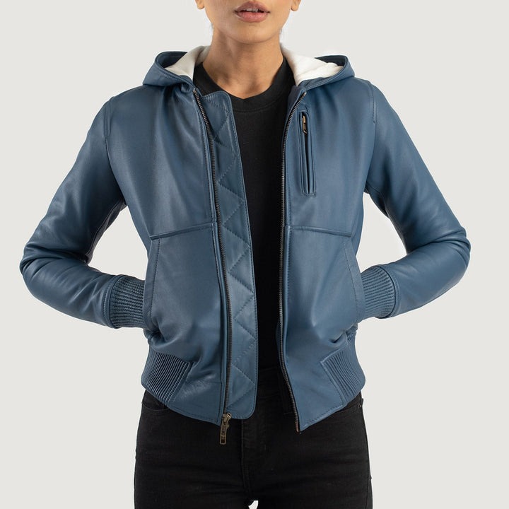 Luna Blue Hooded Leather Bomber Jackets