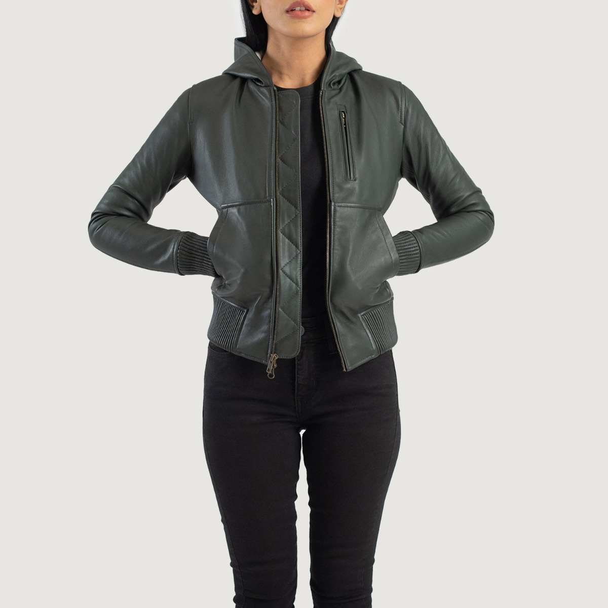 Luna Green Hooded Leather Bomber Jackets