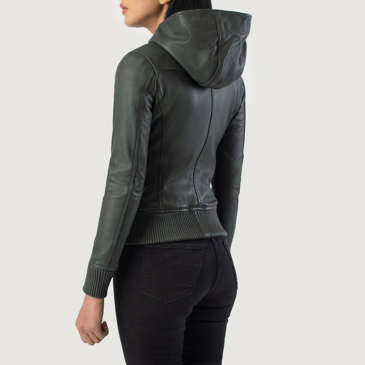 Luna Green Hooded Leather Bomber Jackets - Image 5