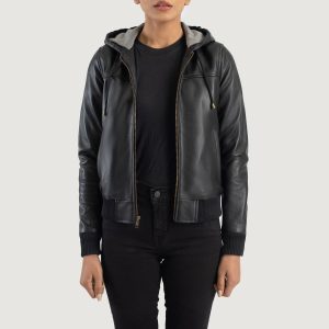 Rebella Black Hooded Leather Bomber Jackets