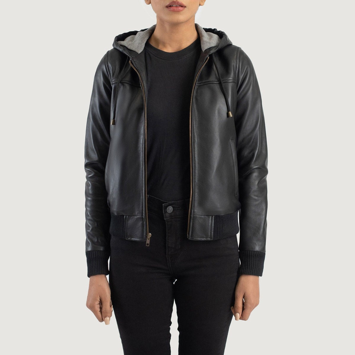 Rebella Black Hooded Leather Bomber Jackets