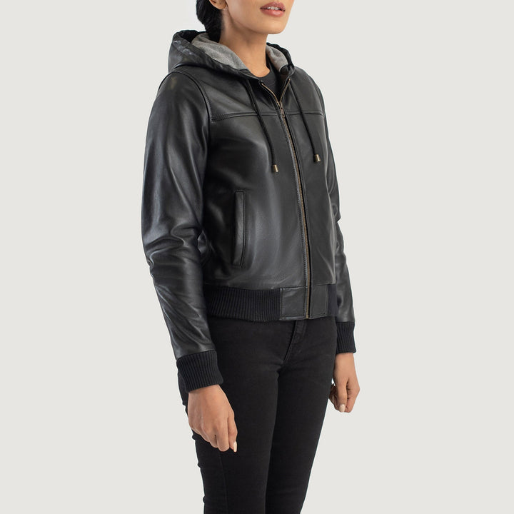 Rebella Black Hooded Leather Bomber Jackets - Image 3