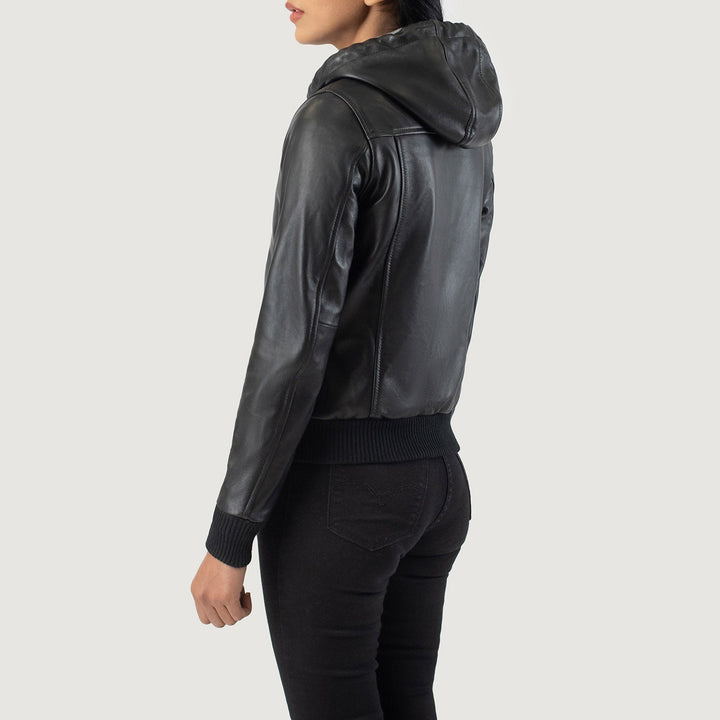 Rebella Black Hooded Leather Bomber Jackets - Image 2