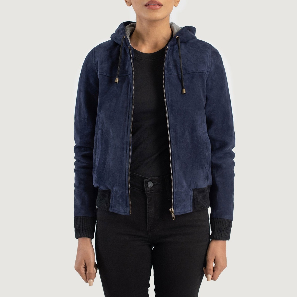 Rebella Blue Hooded Leather Bomber Jackets