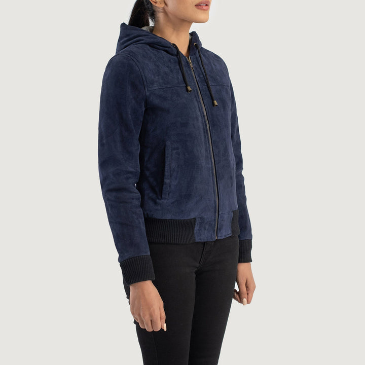 Rebella Blue Hooded Suede Bomber Jacket - Image 4