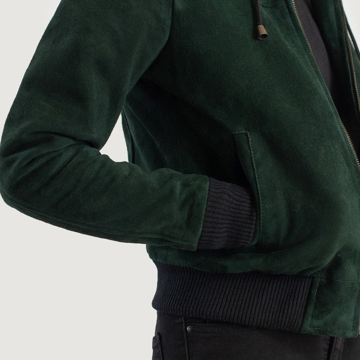 Rebella Green Hooded Suede Bomber Jacket - Image 6