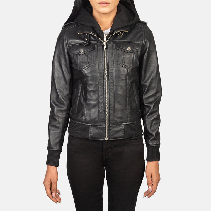 Roslyn Black Hooded Leather Bomber Jackets - Image 3