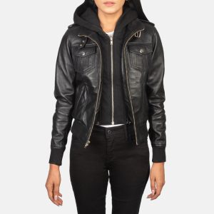 Roslyn Black Hooded Leather Bomber Jackets
