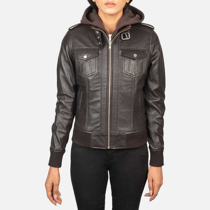 Roslyn Brown Hooded Leather Bomber Jacket - Image 2